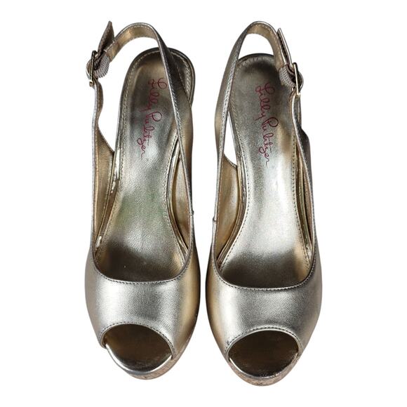 Lilly Pulitzer Kristen Gold Metallic Peep‎ Toe Sling Back Wedge Sandals Sz 7 - Picture 1 of 11